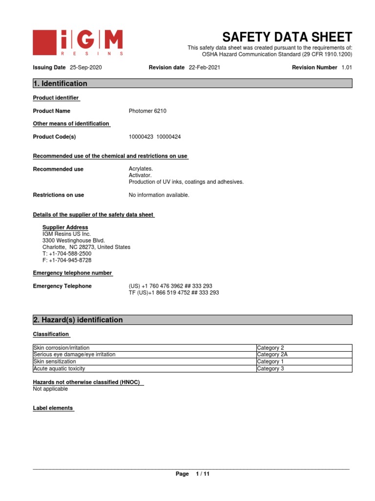 Photomer 6210 SDS US PDF Toxicity Personal Protective Equipment
