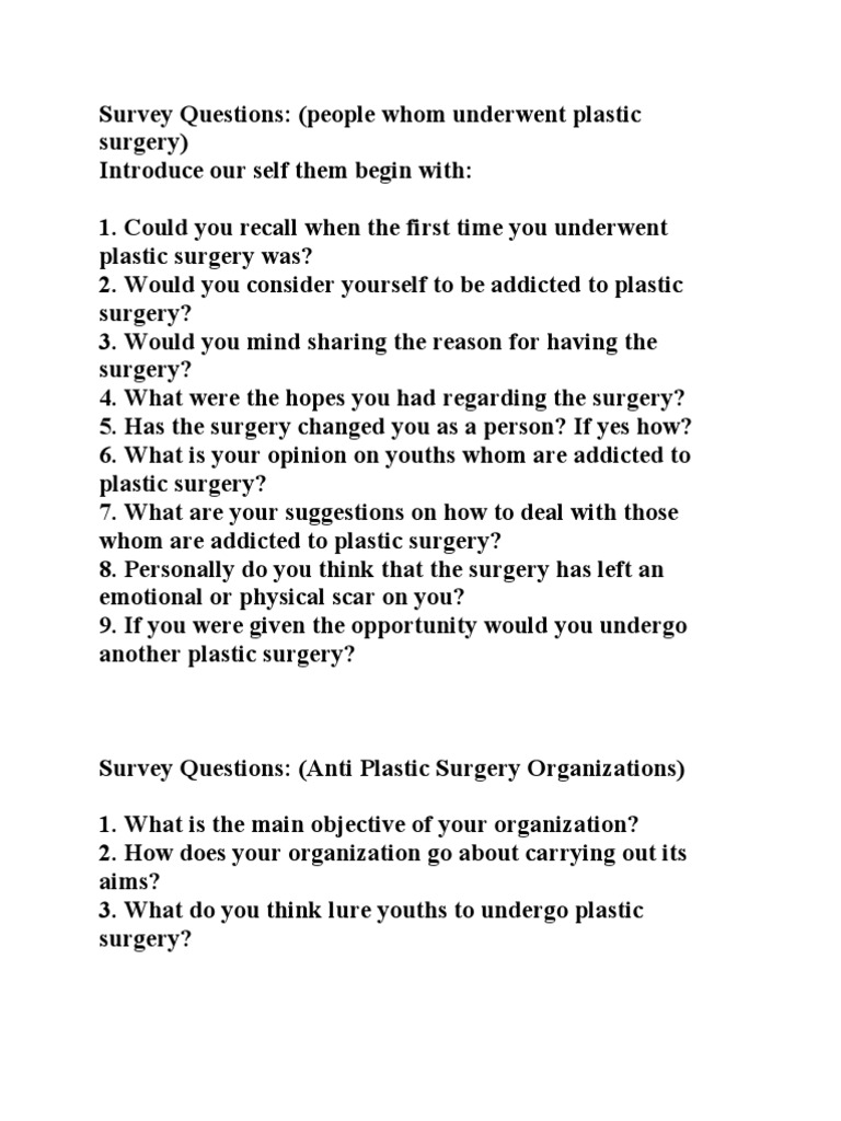Survey Questions Plastic Surgery Surgery