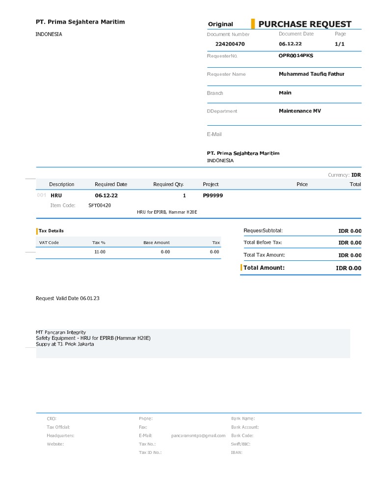 Purchase Request: PT. Prima Sejahtera Maritim Original | PDF ...