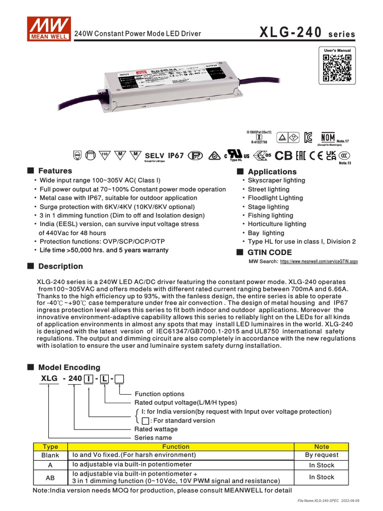 XLG 240 Spec | PDF