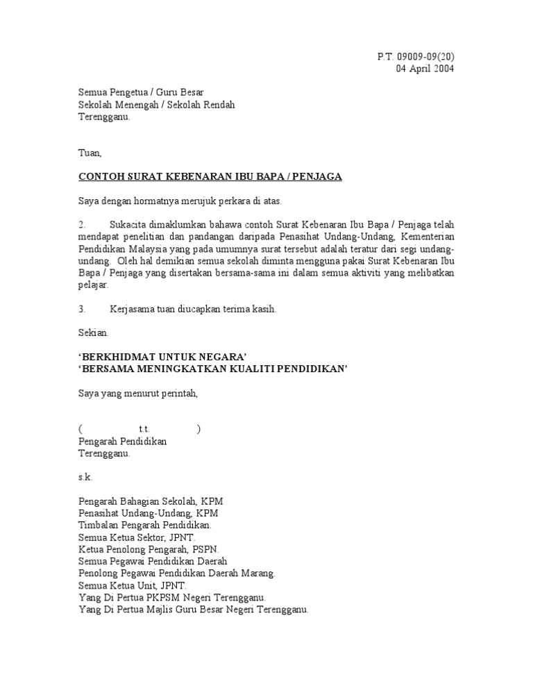 Contoh Surat Kebenaran Ibu Bapa