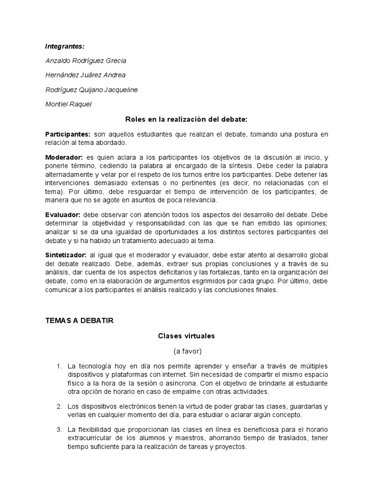 Roles en un Debate sobre Clases Virtuales | PDF | Internet | Aleatoriedad