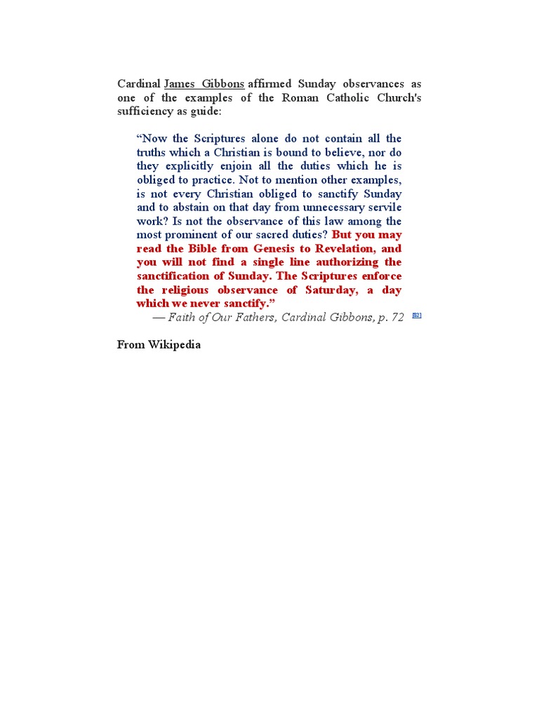 Cardinal James Gibbons On Sunday Vs Sabbath Observance PDF