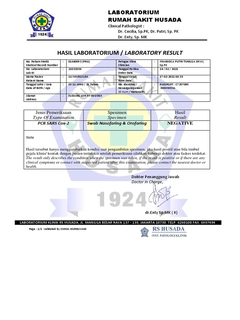 Hasil PCR SARS CoV-2 Negatif Ali Mursalim | PDF