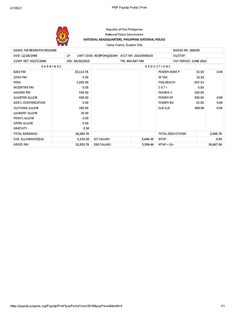 PNP Payslip Portal Print PDF | PDF | Government Finances | Government