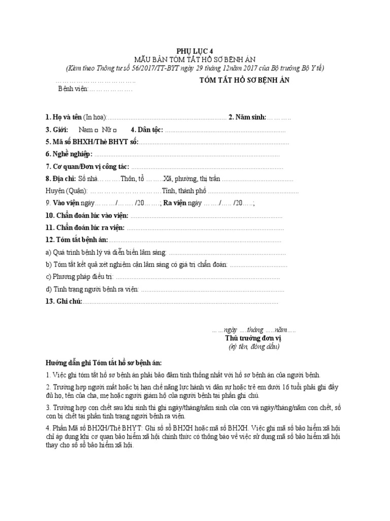 Phu Luc IV - Mau Bantom Tat Ho So Benh An | PDF