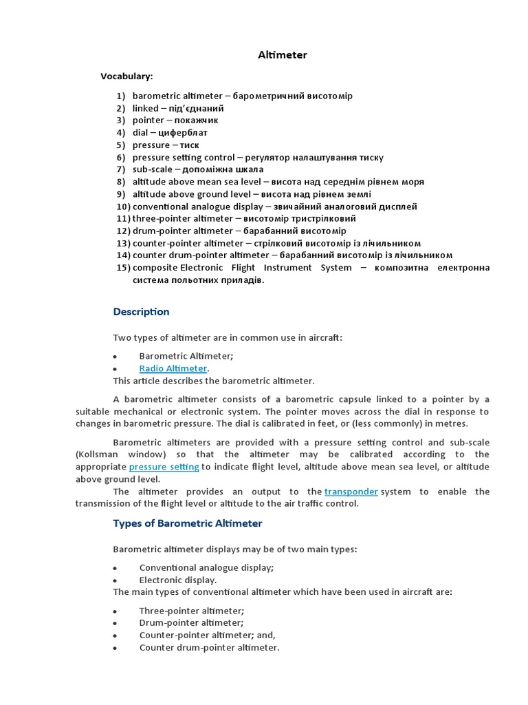 Types of Barometric Altimeters | PDF | Altimeter | Measuring Instrument