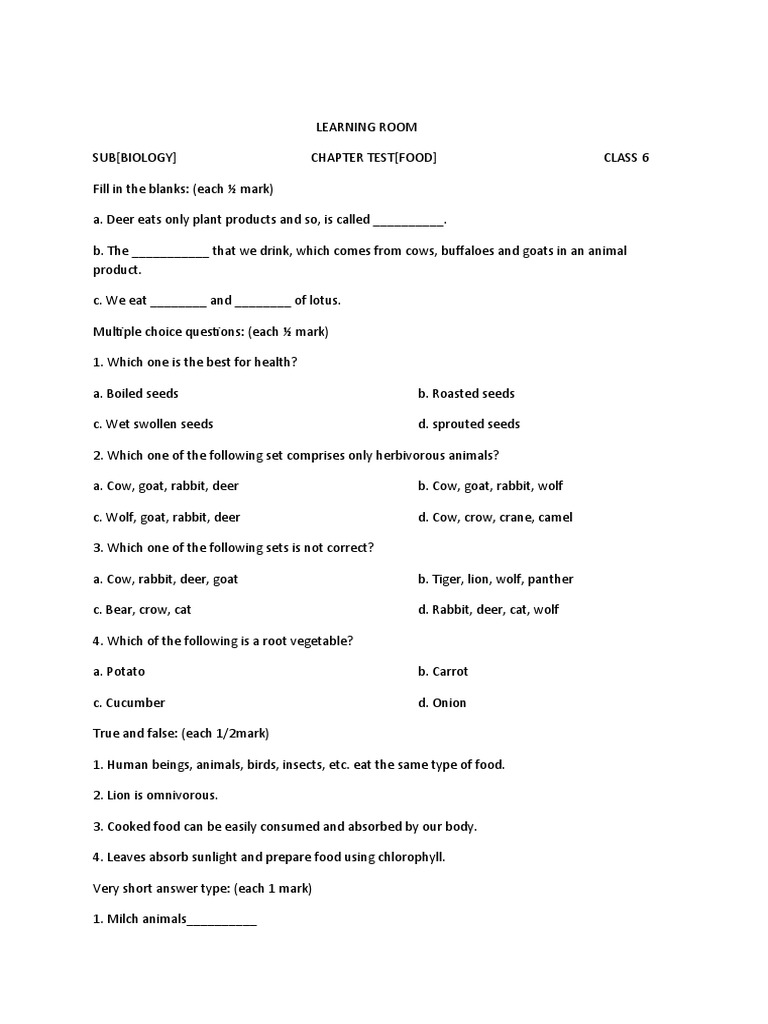 Class 6 Biology Food Chapter Test | PDF