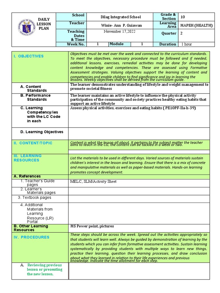 Grade 10 MAPEH Lesson Plan | PDF | Learning | Educational Assessment