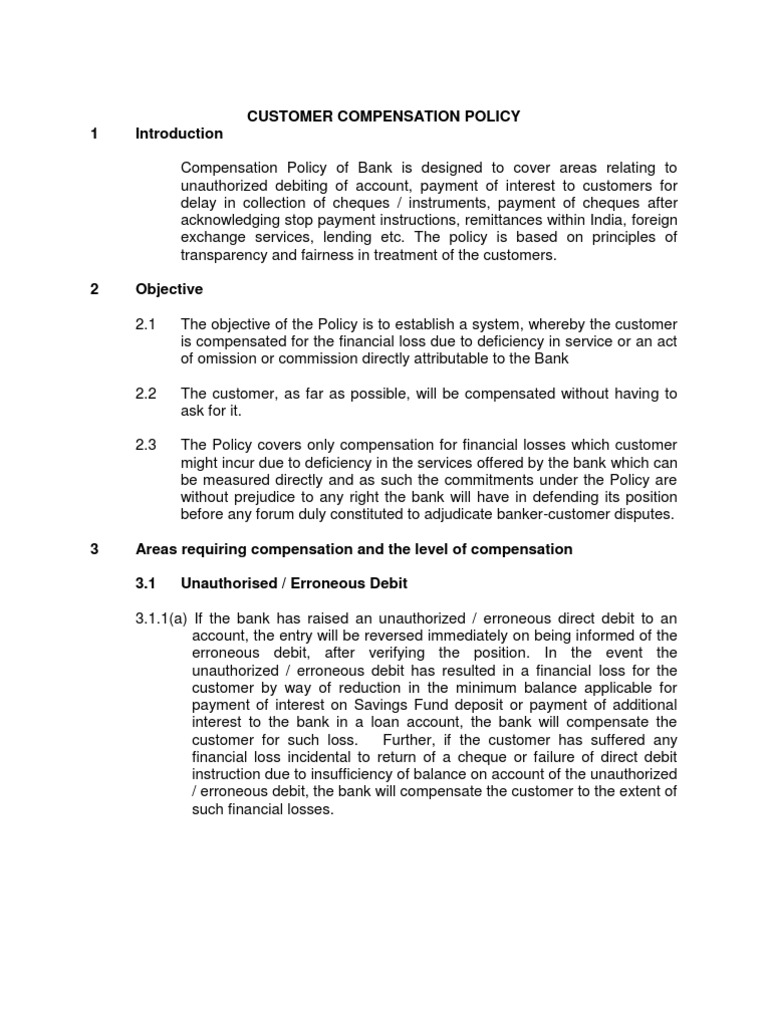Customer Compensation Policy Overview | PDF | Cheque | Banks