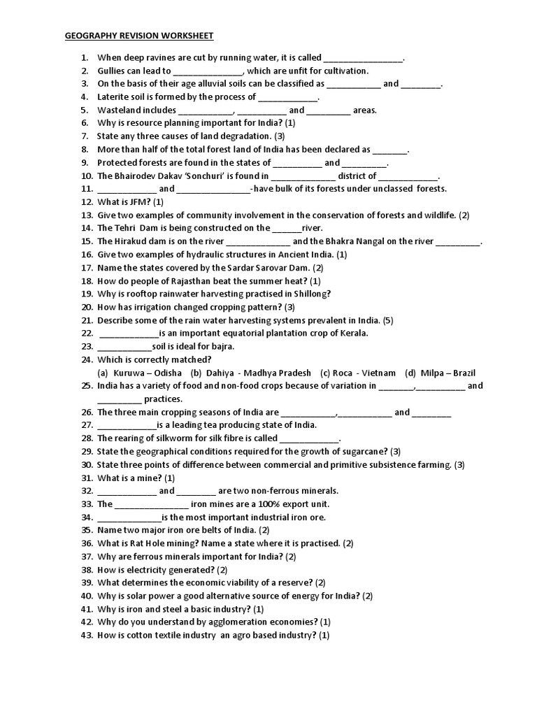 Geography Revision Worksheet PDF Agriculture Mining