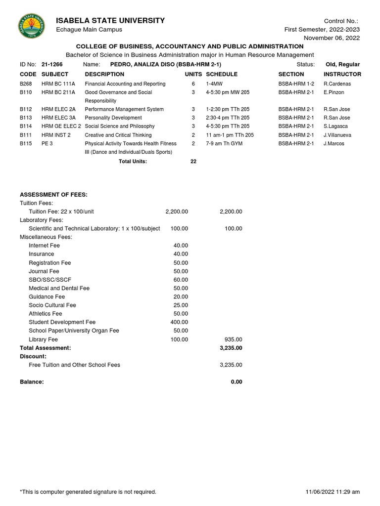 ISU Tuition Fee Assessment 2022-2023 | PDF
