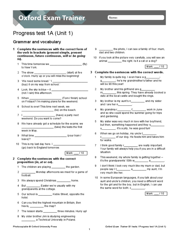 OET B1 Progress Test Unit 1 A + B | PDF