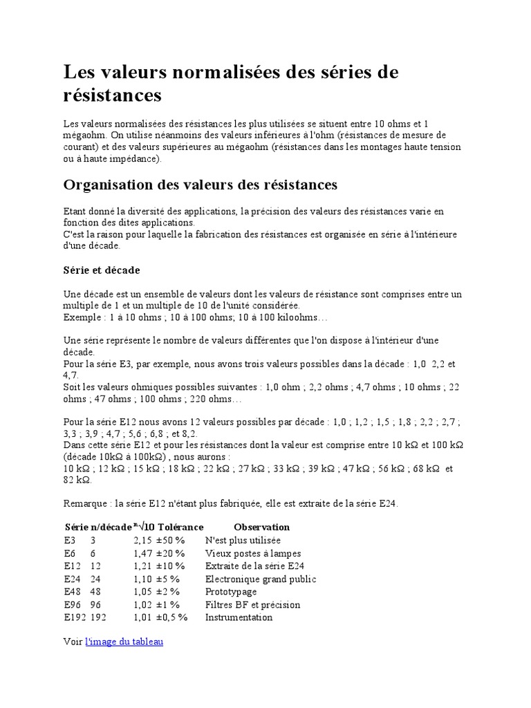 Valeurs Normalisées des Résistances PDF Résistance — free download