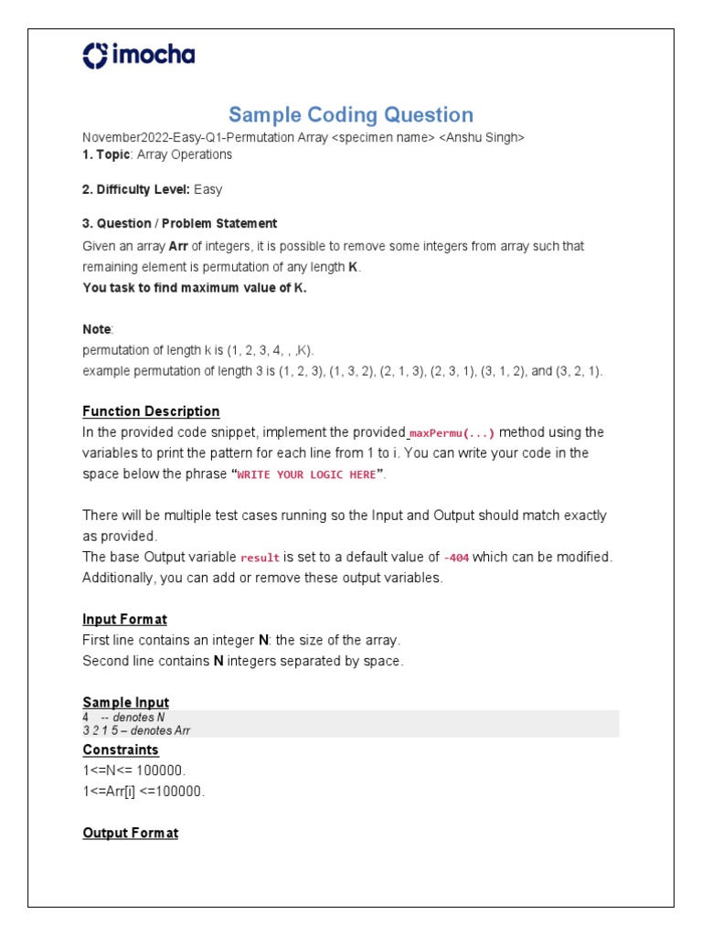 Imocha question 1 replacement pdf array data structure permutation