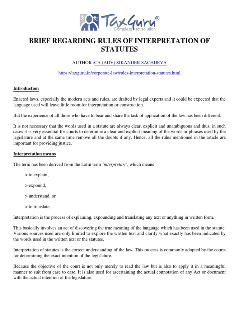 Brief Regarding Rules of Interpretation of Statutes Taxguru in