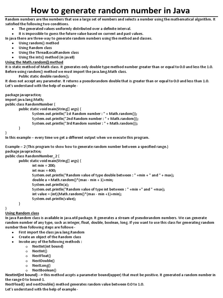 Random Number in Java | PDF | Integer (Computer Science) | Method ...