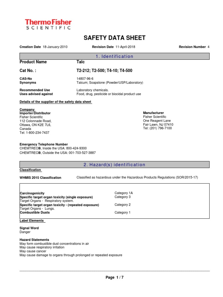 Talc Safety Data Sheet (CAS 14807-96-6) | PDF | Occupational Safety And ...
