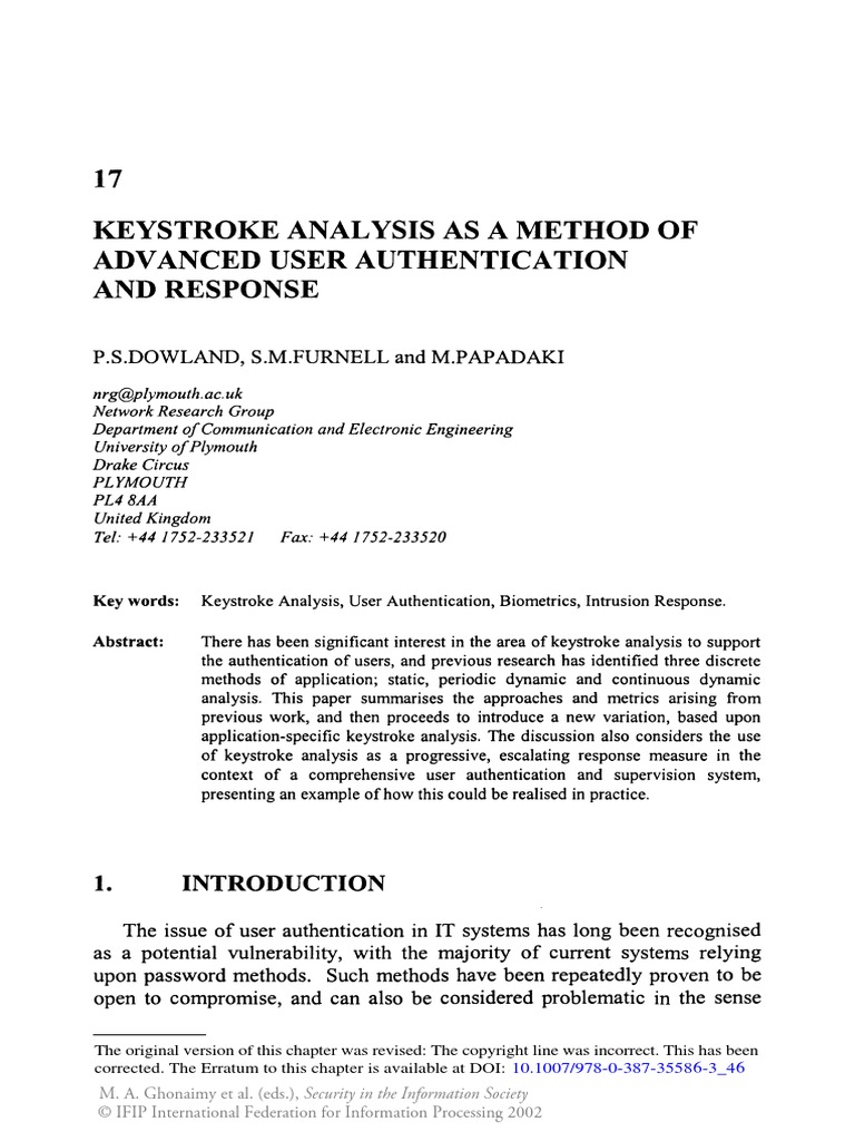 17 keystroke analysis as a method of advanced user authentication and