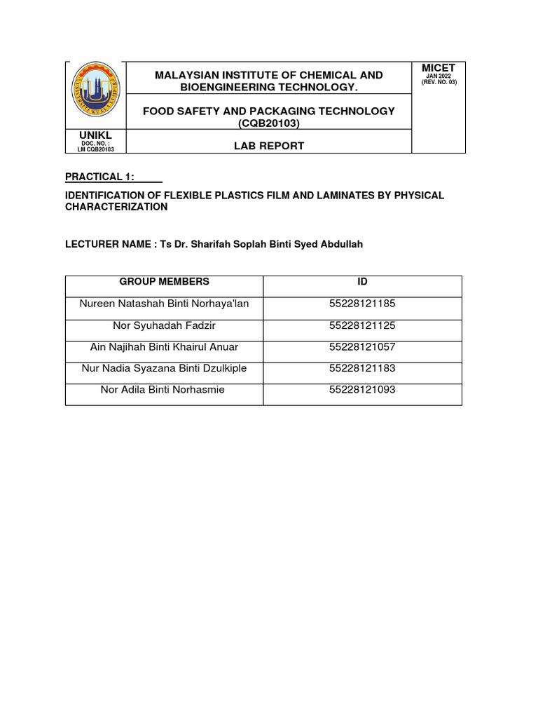 Practikal 1IDENTIFICATION OF FLEXIBLE PLASTICS FILM AND LAMINATES BY