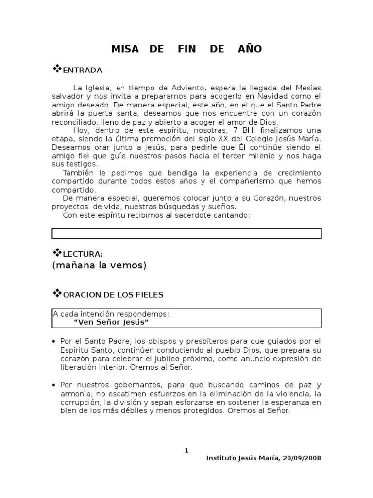 Guion Misa Fin de Año | María, madre de Jesús | Misa ...