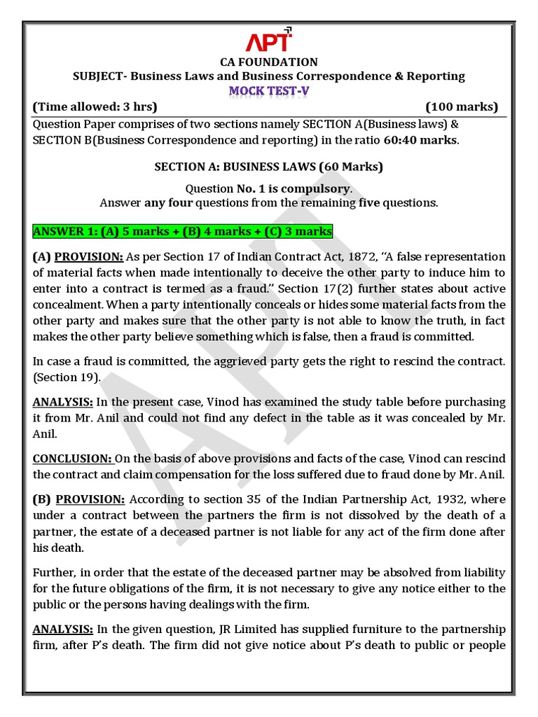 CA Foundation: Business Law Mock Test | PDF | Damages | Legal Liability