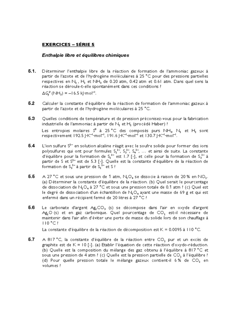 Exercices - 5 Enthalpie Libre Et Éq. Chimique | PDF | Équilibre ...