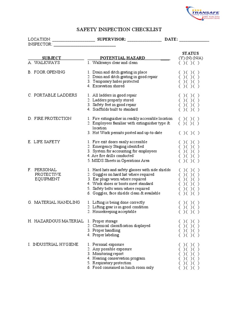 Contoh Safety Inspection Checklist | PDF | Sanitation | Safety