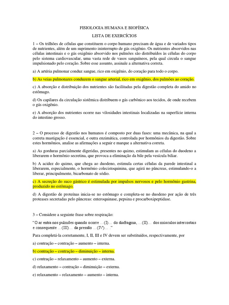 Exercícios de Fisiologia Humana | PDF | Trato gastrointestinal | Coração