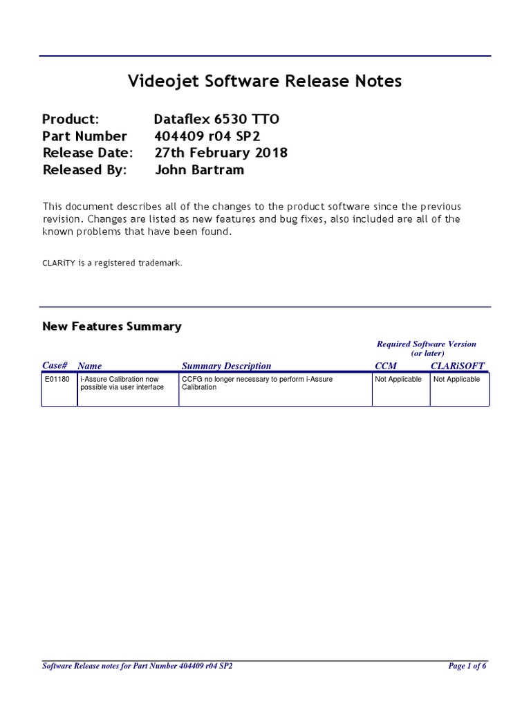 Videojet Software Release Notes for 404409 r04 SP2 PDF
