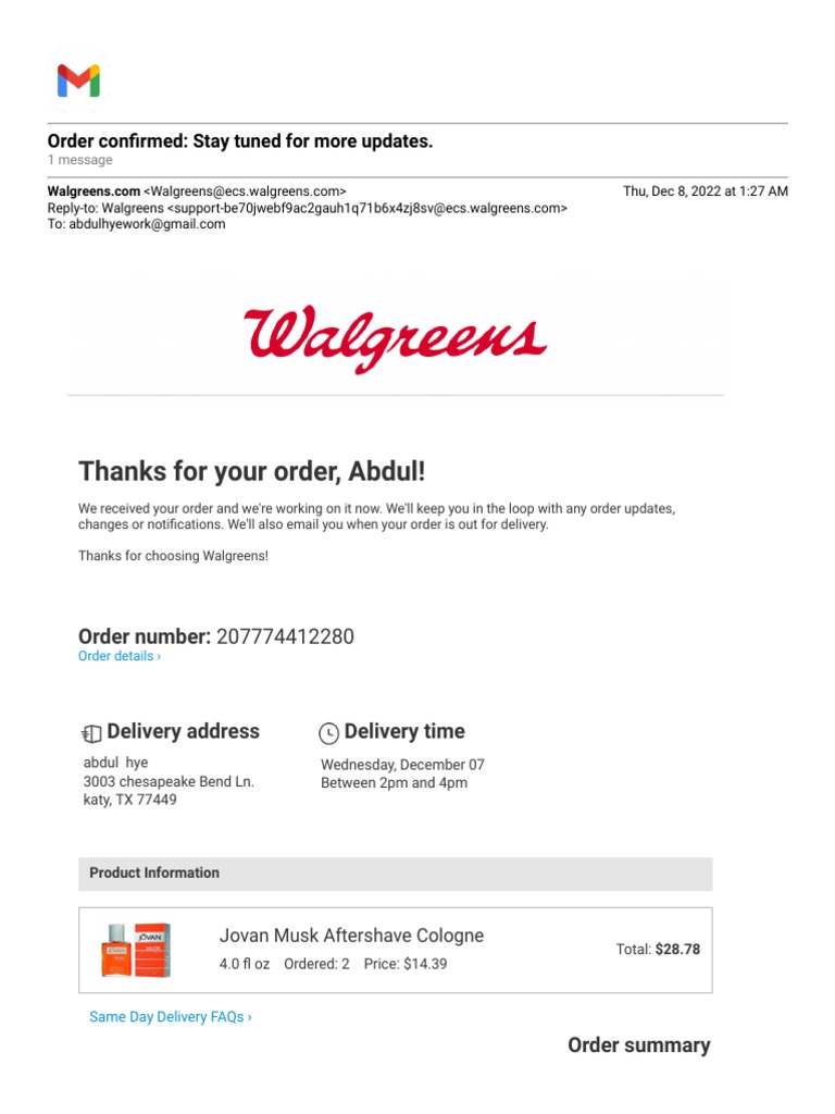 Walgreen Order PDF Service Industries Payments