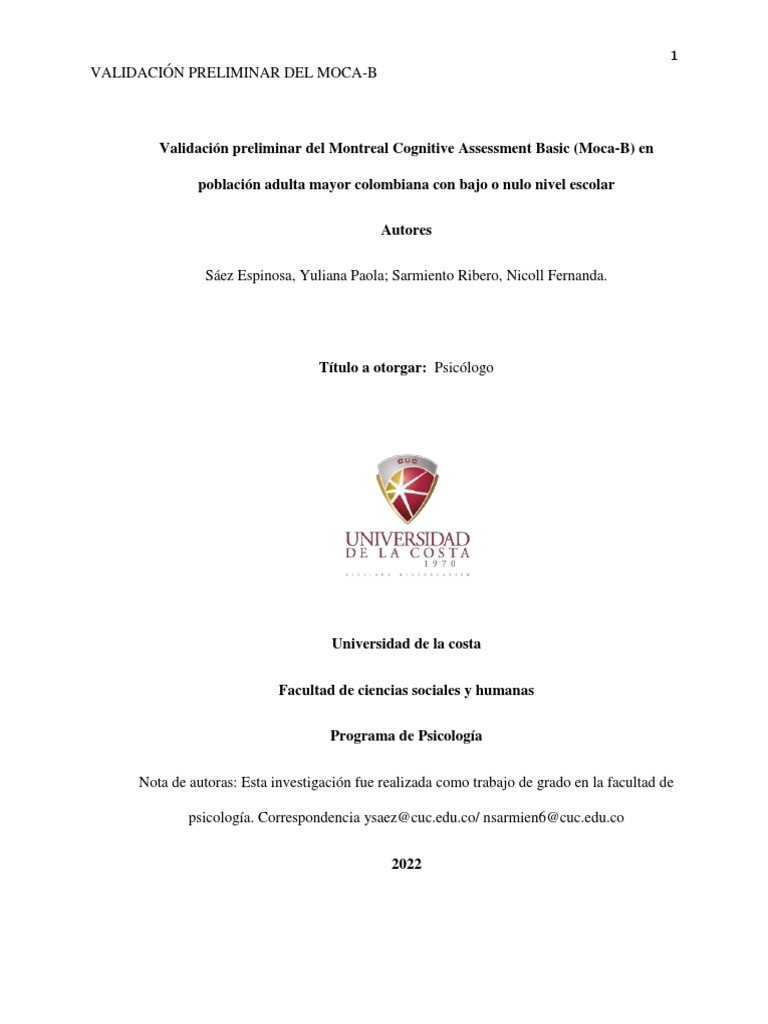 Validación Preliminar Del Montreal Cognitive Assessment Basic (Moca-B ...