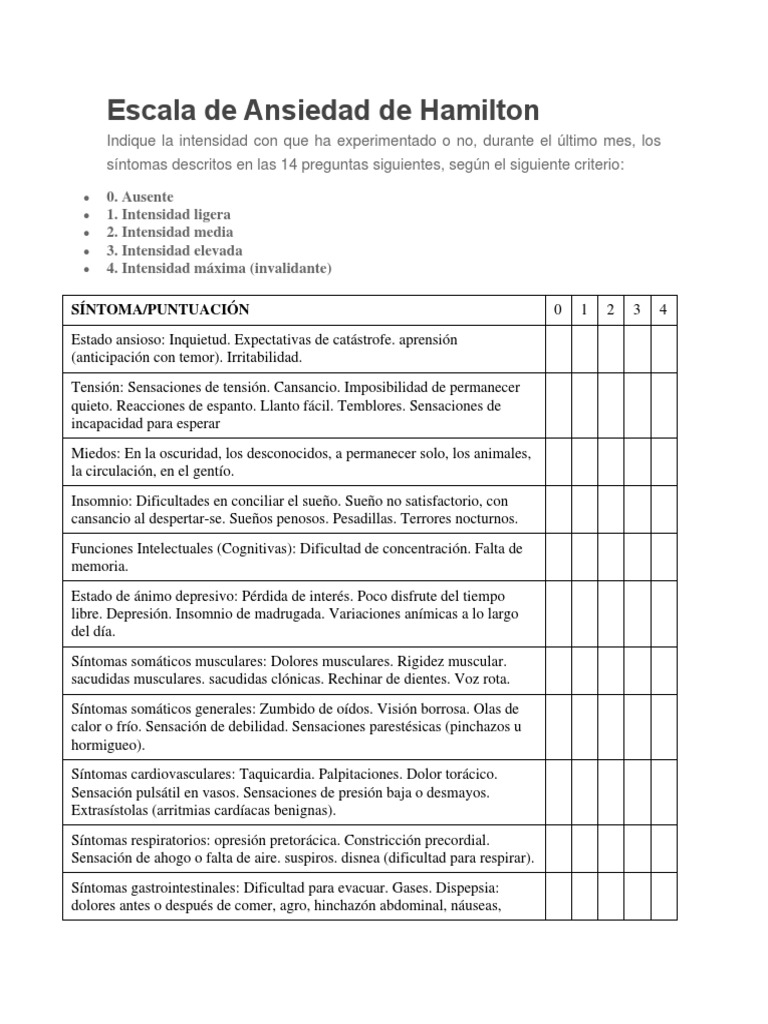 Escala de Ansiedad de Hamilton: Evaluación | PDF | Depresión (estado de ...