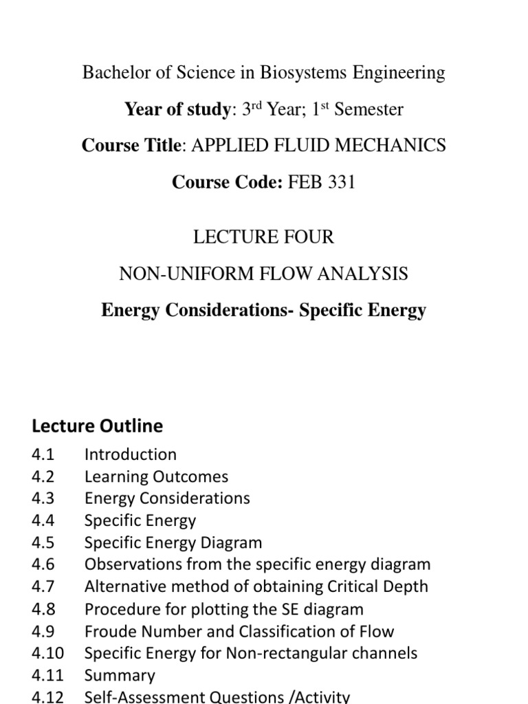 Non-Uniform Flow Analysis: Specific Energy | PDF | Equations | Velocity