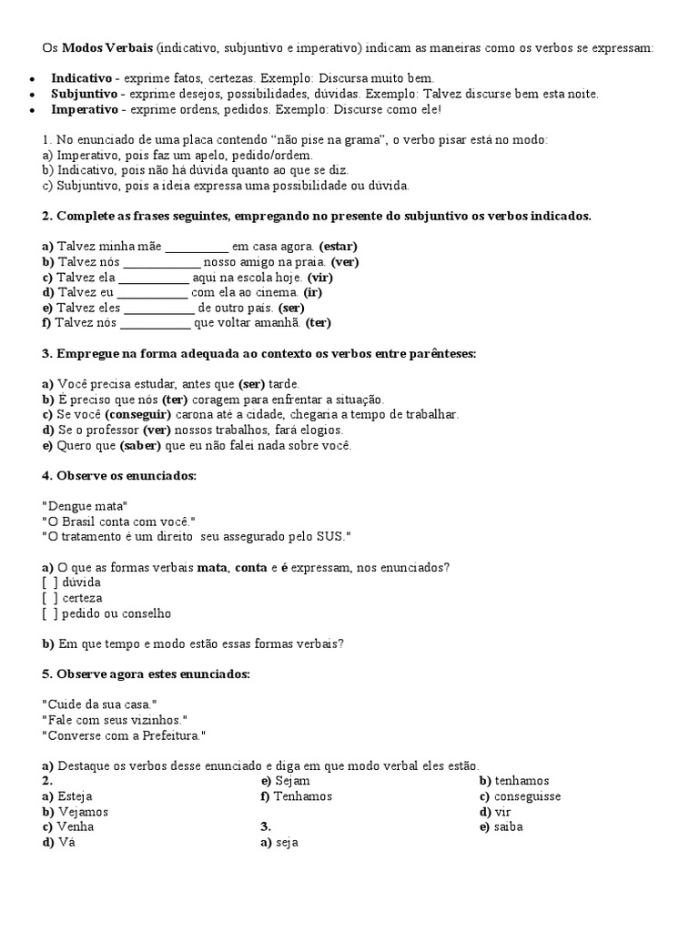Modos Verbais: Indicativo, Subjuntivo e Imperativo | PDF