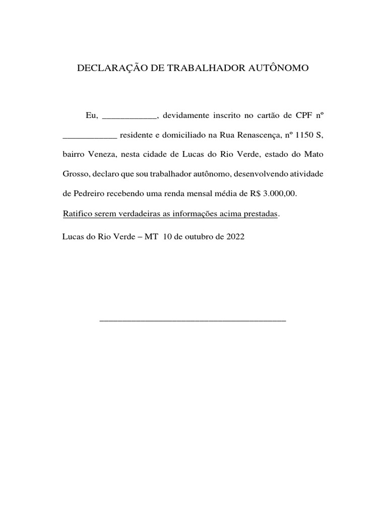 Declaração de Trabalhador Autônomo MT | PDF