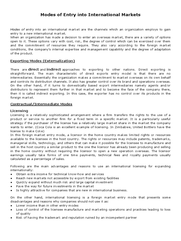 Modes of Entry Into International Markets | Download Free PDF ...