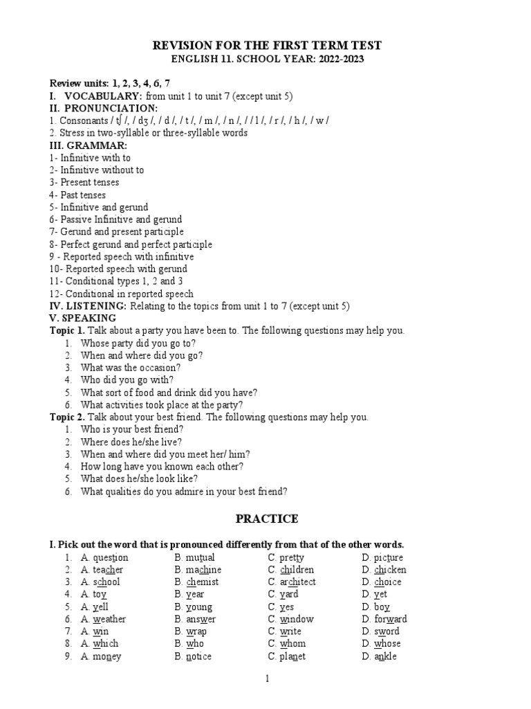 English 11 Term Test Revision Guide | PDF | Perfect (Grammar) | Linguistics