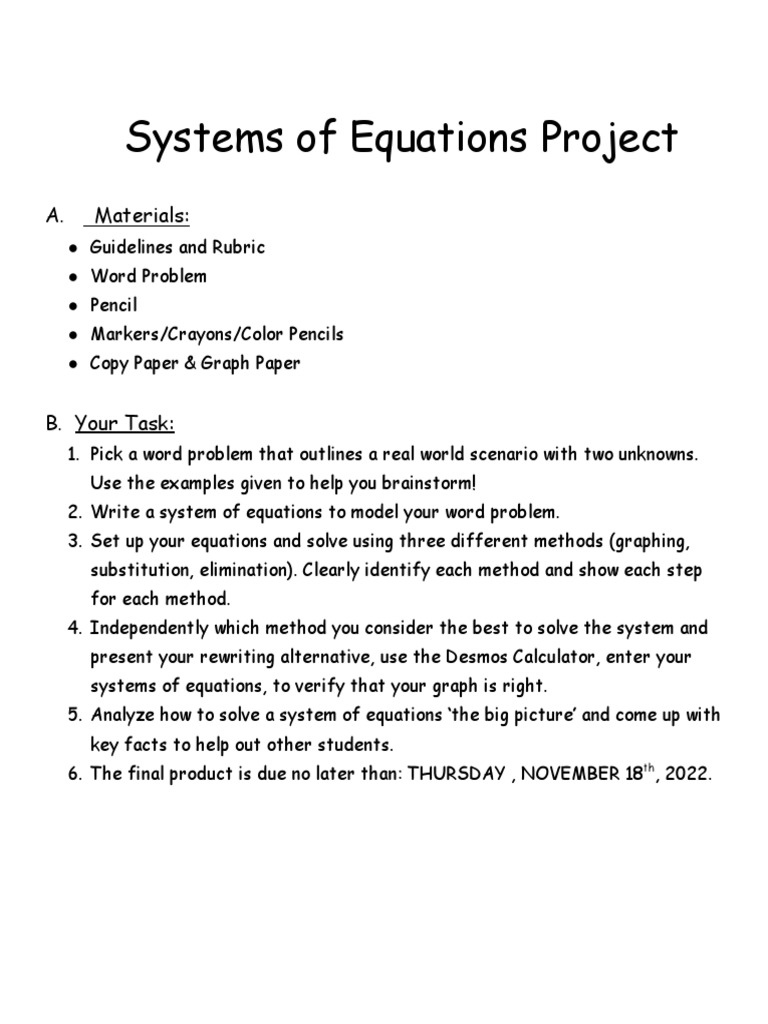 2 Systems of Equations Project Overview and Rubric PDF Equations