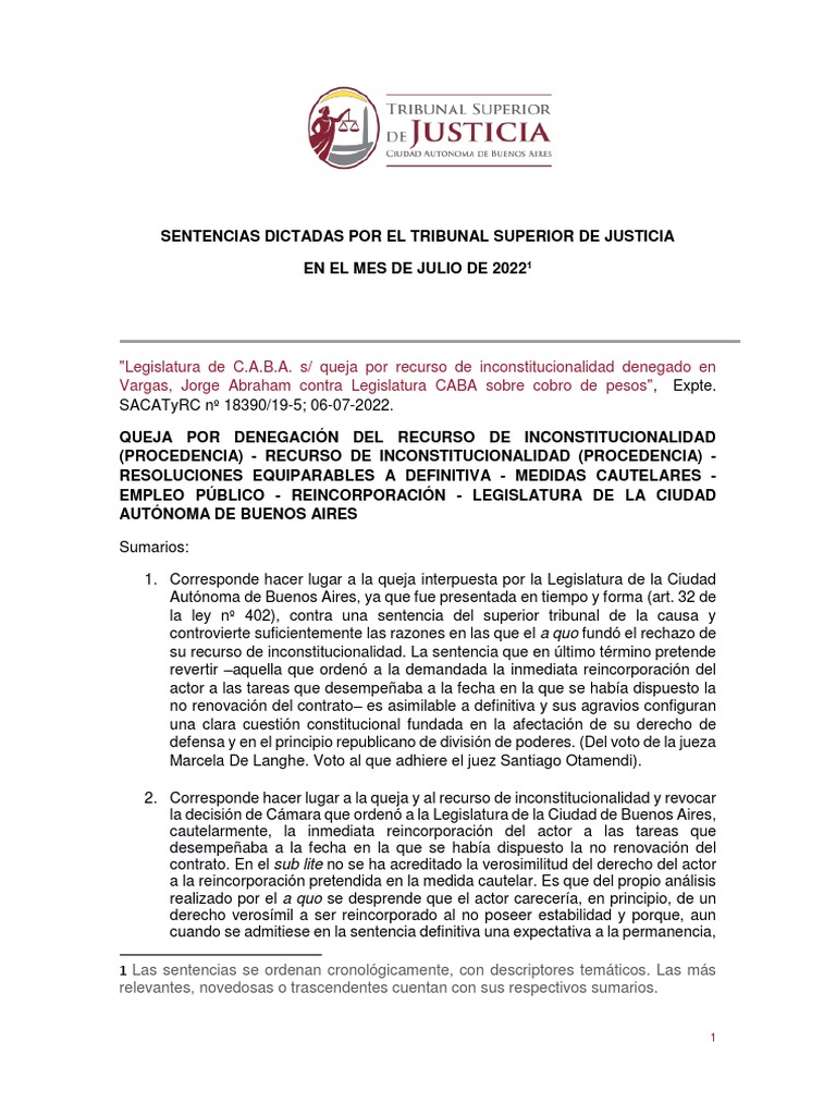 Boletín de Jurisprudencia Del T.S.J C.A.B.A Sentencias Dictadas en Óden