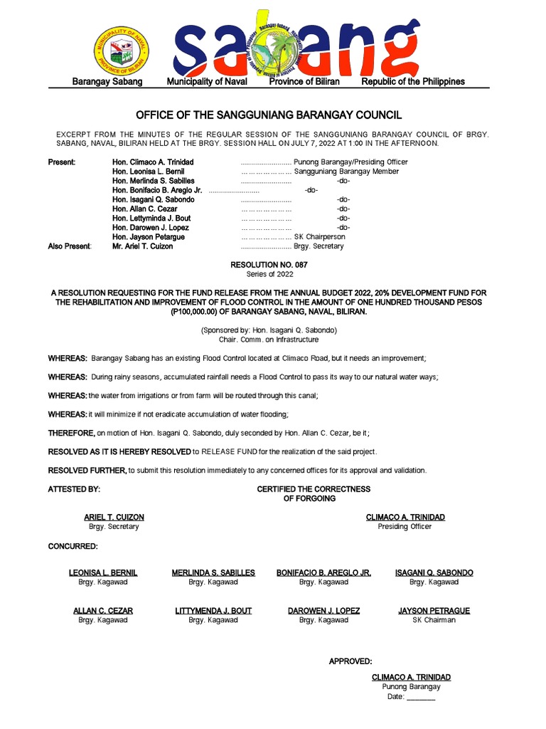 Barangay Resolution for Flood Control Fund | PDF | Water