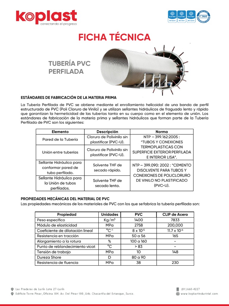 Ficha Técnica - Tuberia PVC Perfilada - NTP 399.162 | PDF