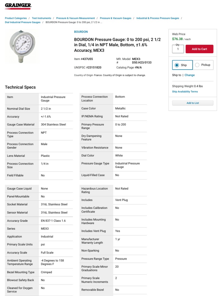 PI 437U55 Grainger PDF Pressure Measurement Manufactured Goods