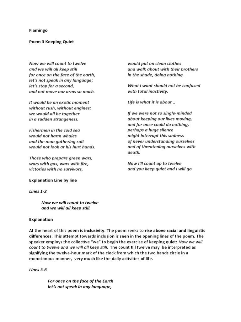 Poem 3 Keeping Quiet PDF Silence Poetry