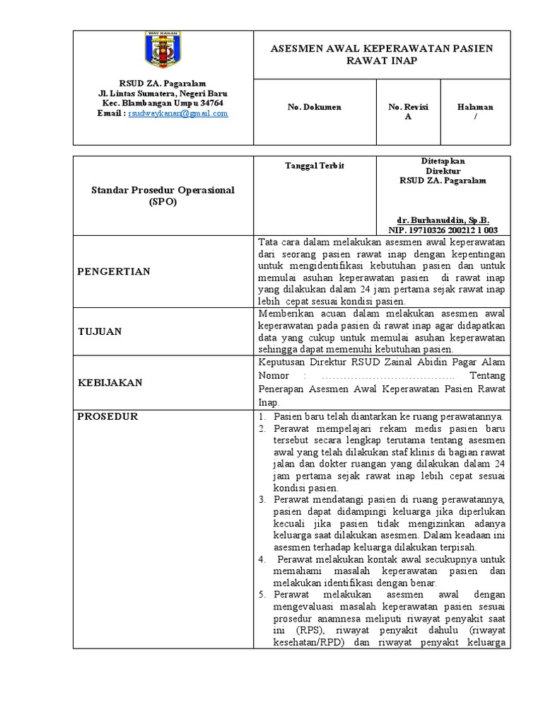 Spo Asesmen Awal Keperawatan Pasien Ranap | PDF | Sains & Matematika
