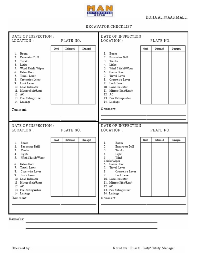 Excavator Checklist | Download Free PDF | Vehicles | Manufactured Goods
