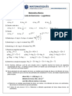 Matemática Básica 15 Lista de Exercícios - Logaritmos: - Log 12 Log 100 Log