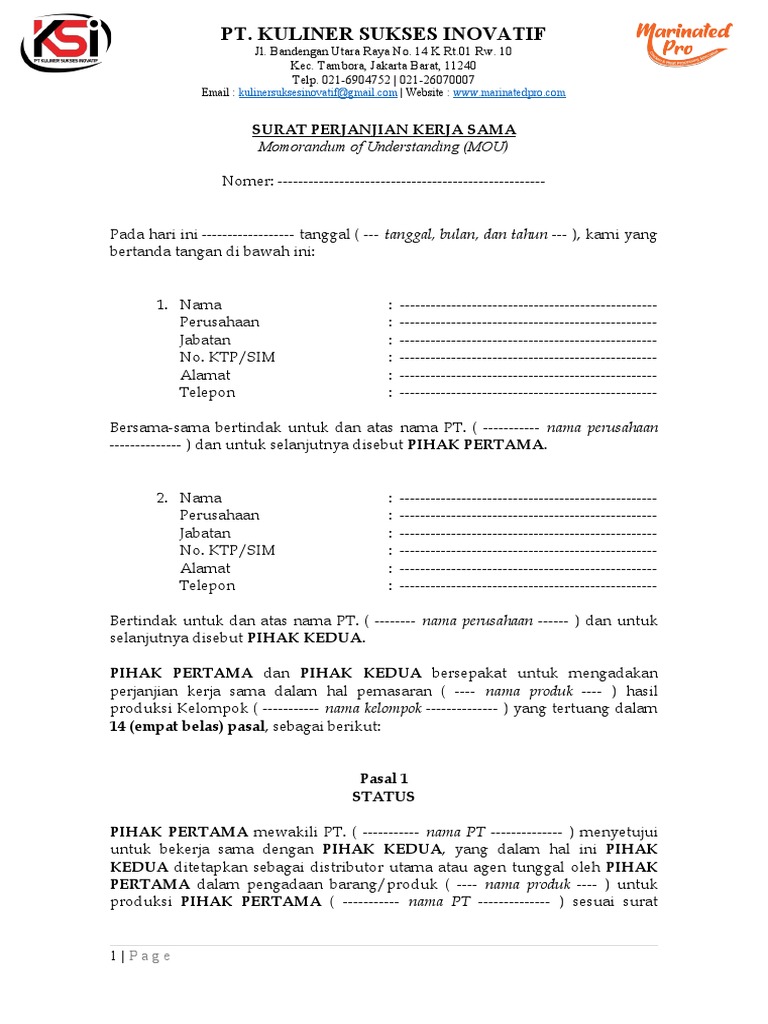Contoh Surat Perjanjian Kerjasama Dalam Bidang Bisnis FH UII PDF