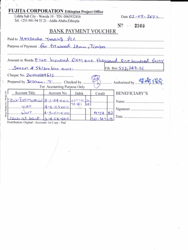 Bank Payment Voucher and Cash Sales Attachment Documenting a Large