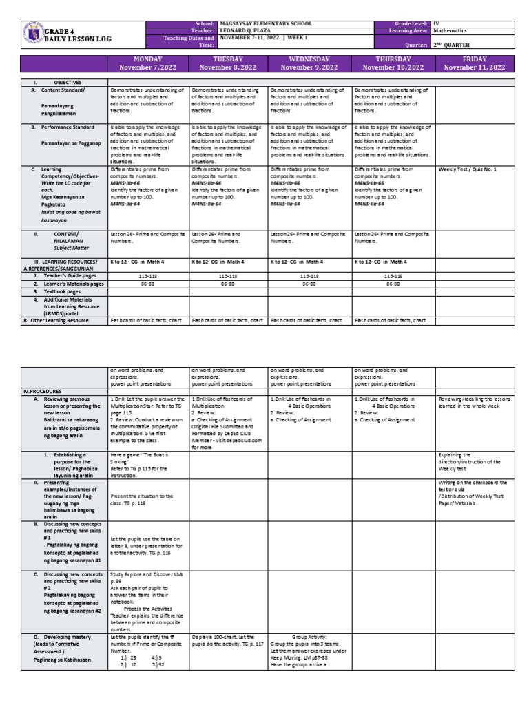 Grade 4 Math Lesson Plan | PDF | Flashcard | Behavior Modification